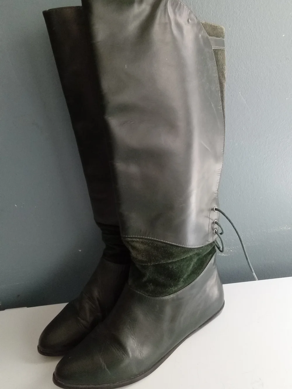 LMT Edition Vintage Dark Green Leather Suede Lace Up Tall Boots Brazil Size 8M